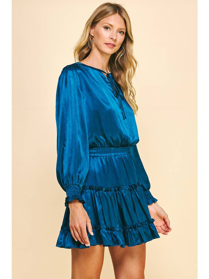 Tiered Satin Mini Holiday Dress - Teal Blue