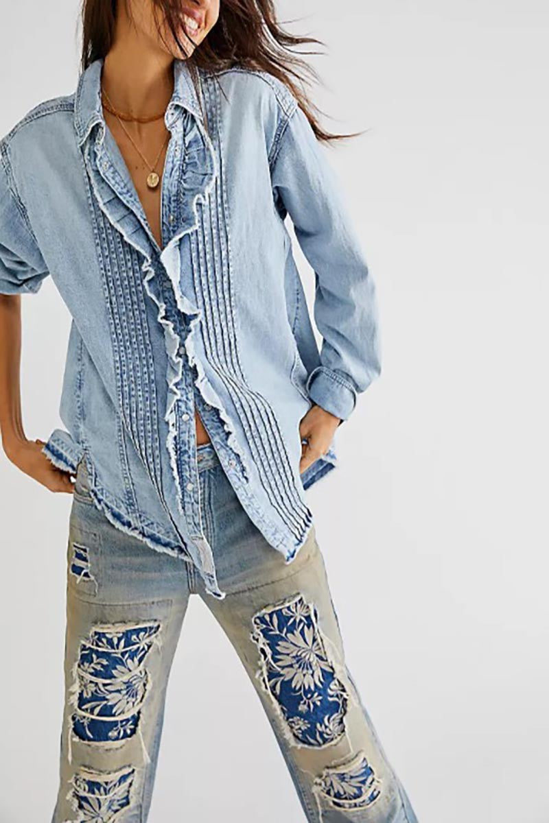 Button Down Ruffle Denim Top
