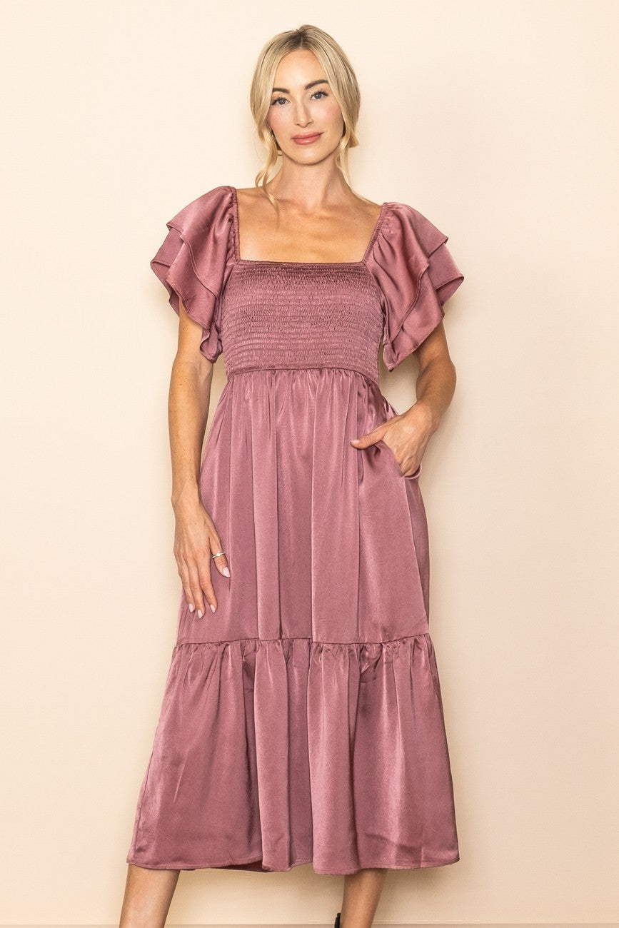 Satin Flowy Flutter Sleeve Smocked Holiday Dress - Mauve