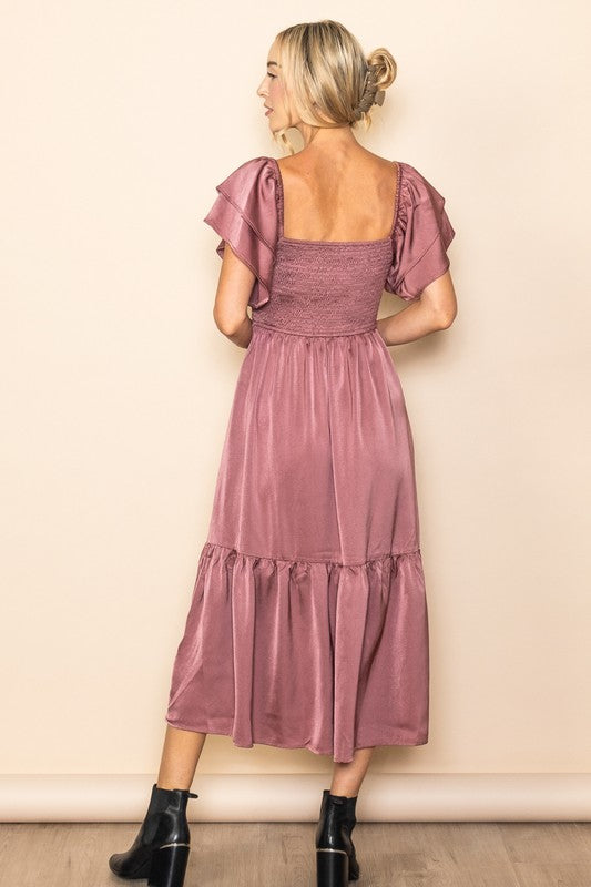 Satin Flowy Flutter Sleeve Smocked Holiday Dress - Mauve