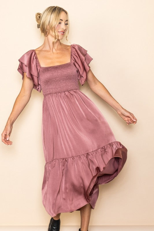 Satin Flowy Flutter Sleeve Smocked Holiday Dress - Mauve