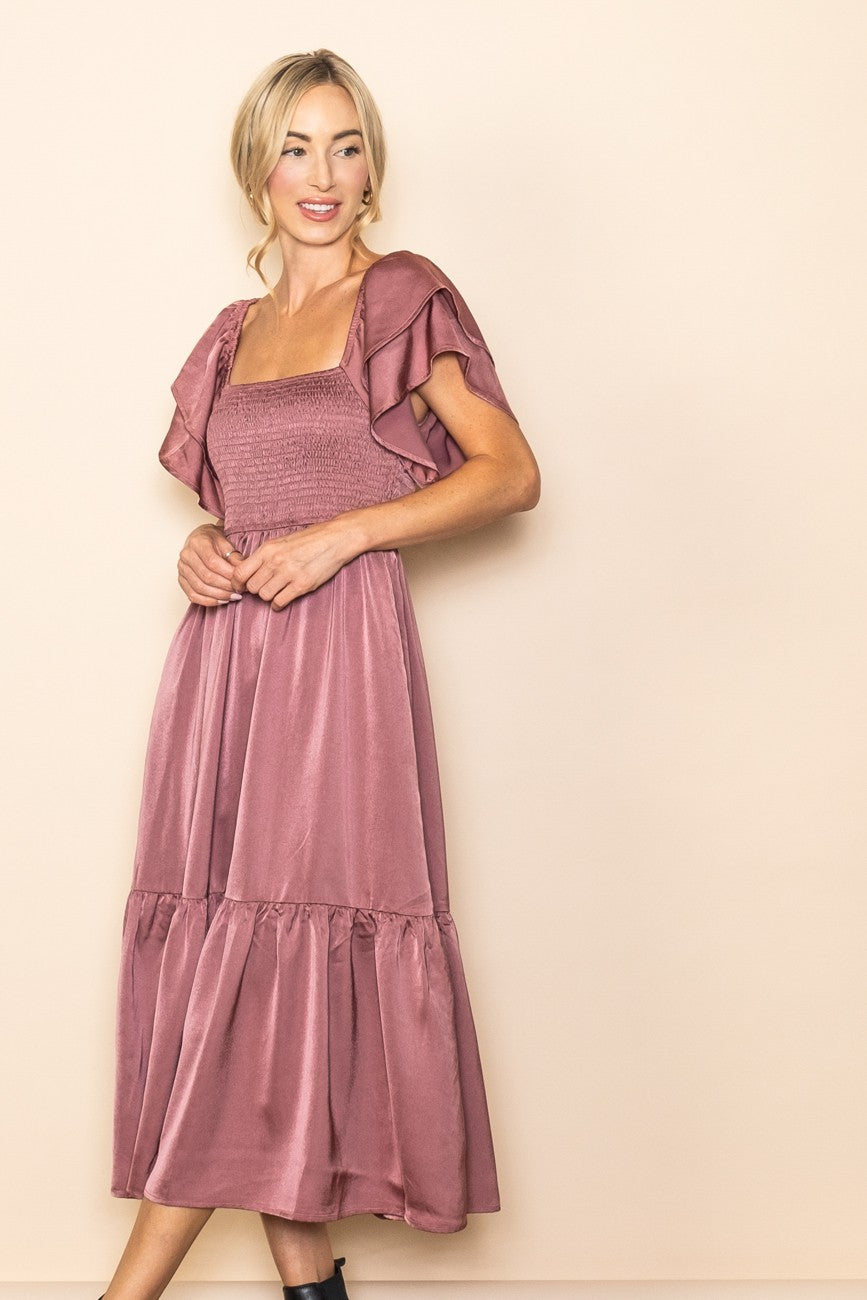 Satin Flowy Flutter Sleeve Smocked Holiday Dress - Mauve