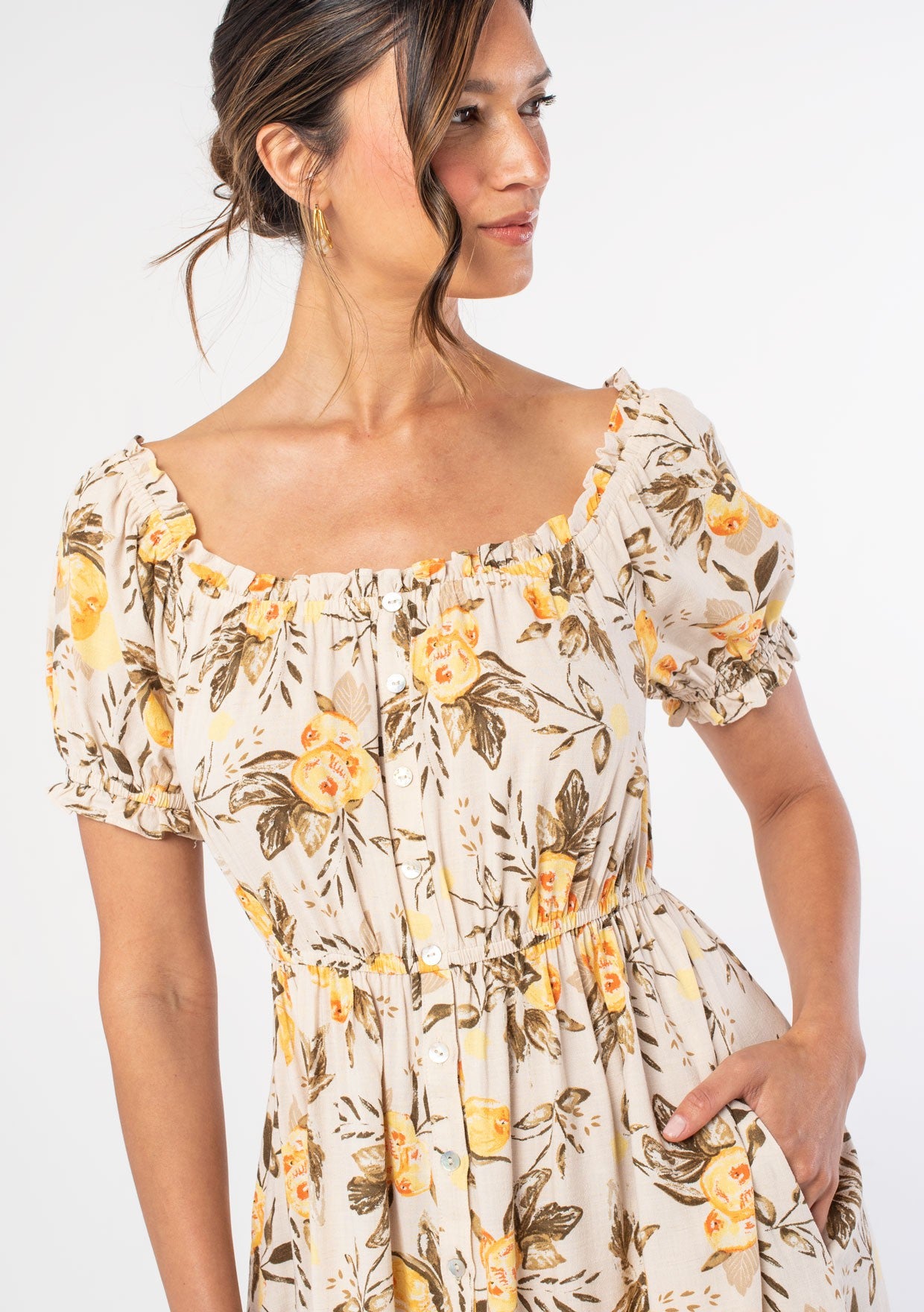 Ruffled Off Shoulder Button Front Mini Dress