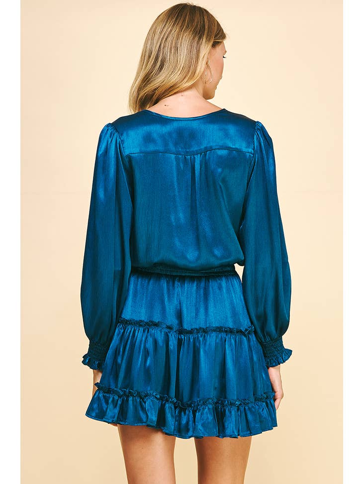 Tiered Satin Mini Holiday Dress - Teal Blue
