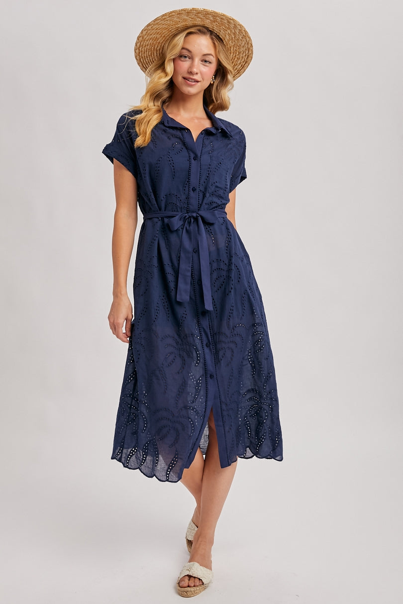 Boho Eyelet Button Down Shirt Belted Midi Dress