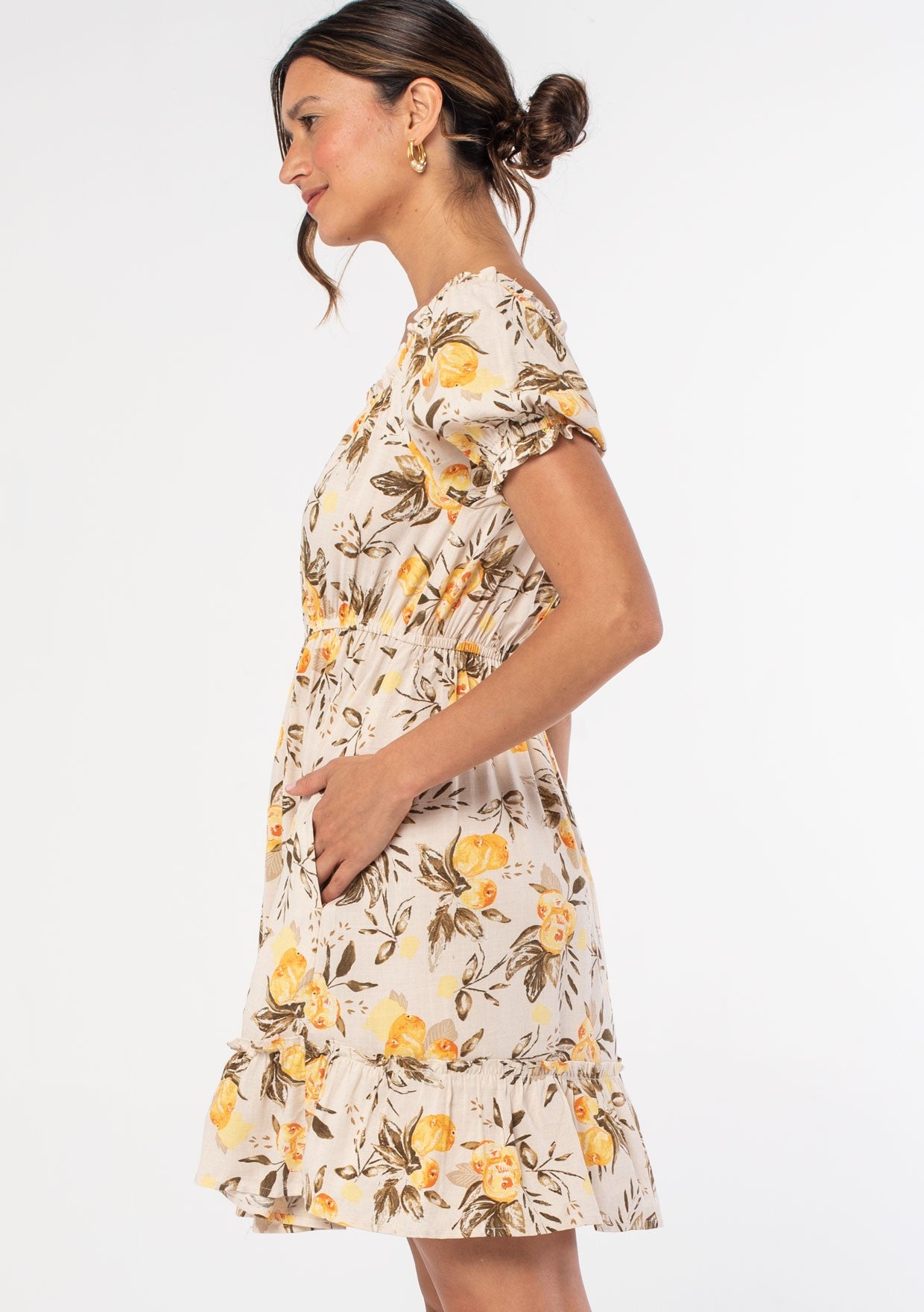 Ruffled Off Shoulder Button Front Mini Dress