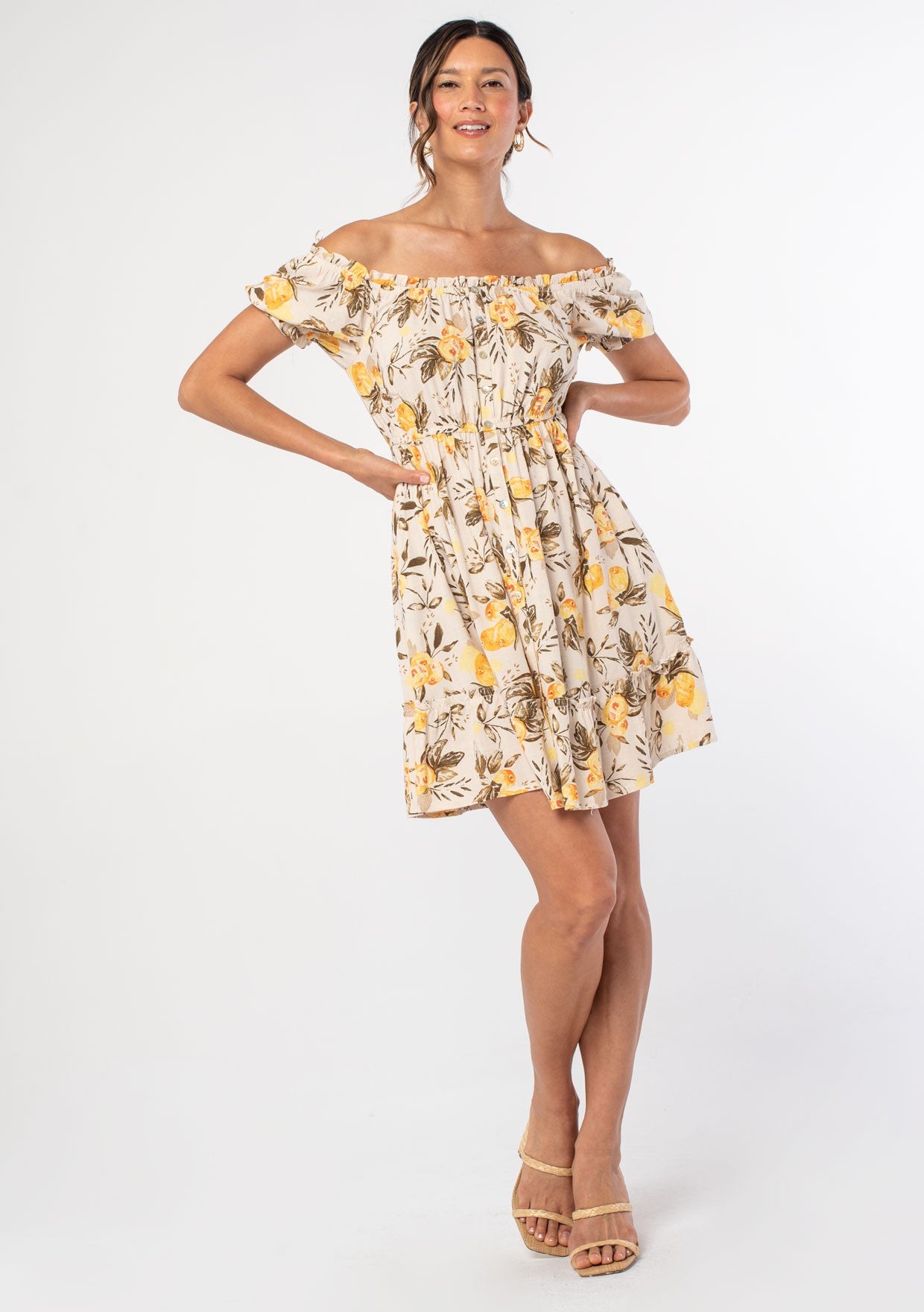 Ruffled Off Shoulder Button Front Mini Dress
