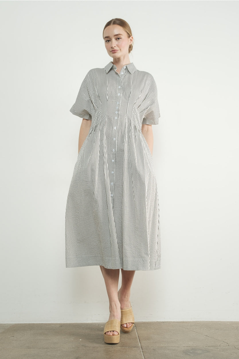 Stripe Button Front Pleated Midi Shirts Dress