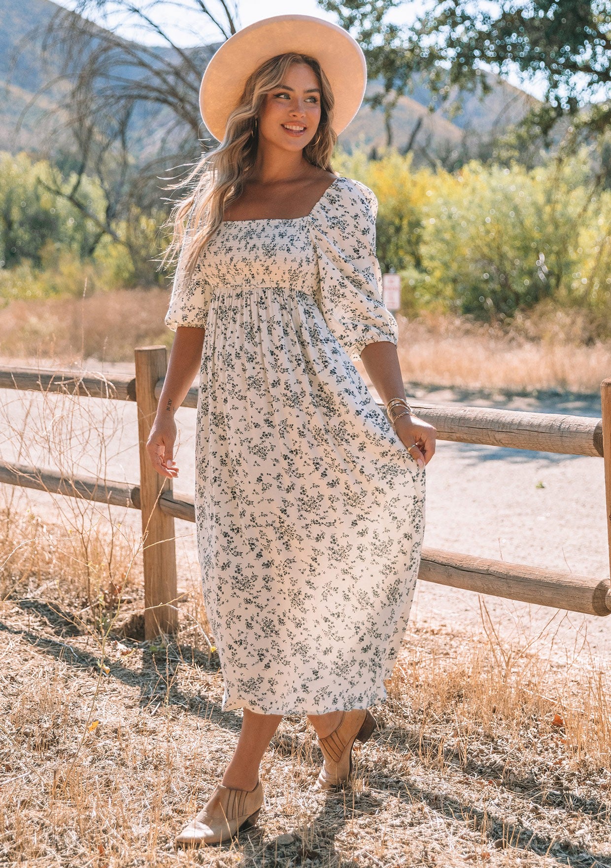 Floral Square Neck Smocked Empire Waist Midi Dress
