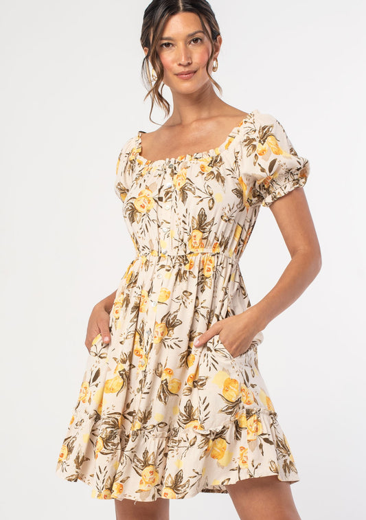 Ruffled Off Shoulder Button Front Mini Dress