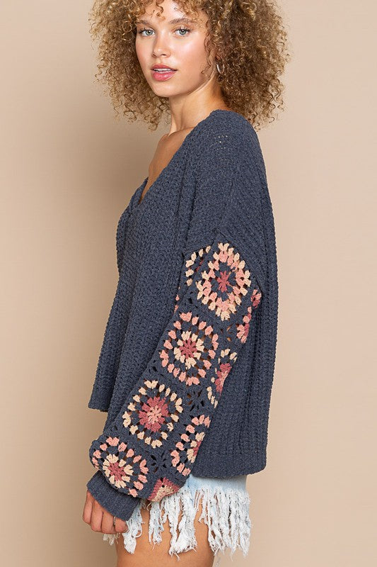 Pattern Sleeves Chenille V-neck Sweater