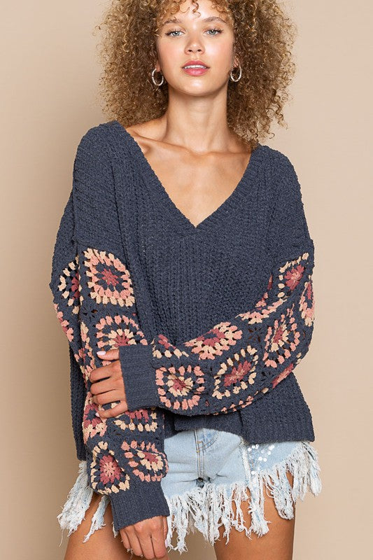 Pattern Sleeves Chenille V-neck Sweater