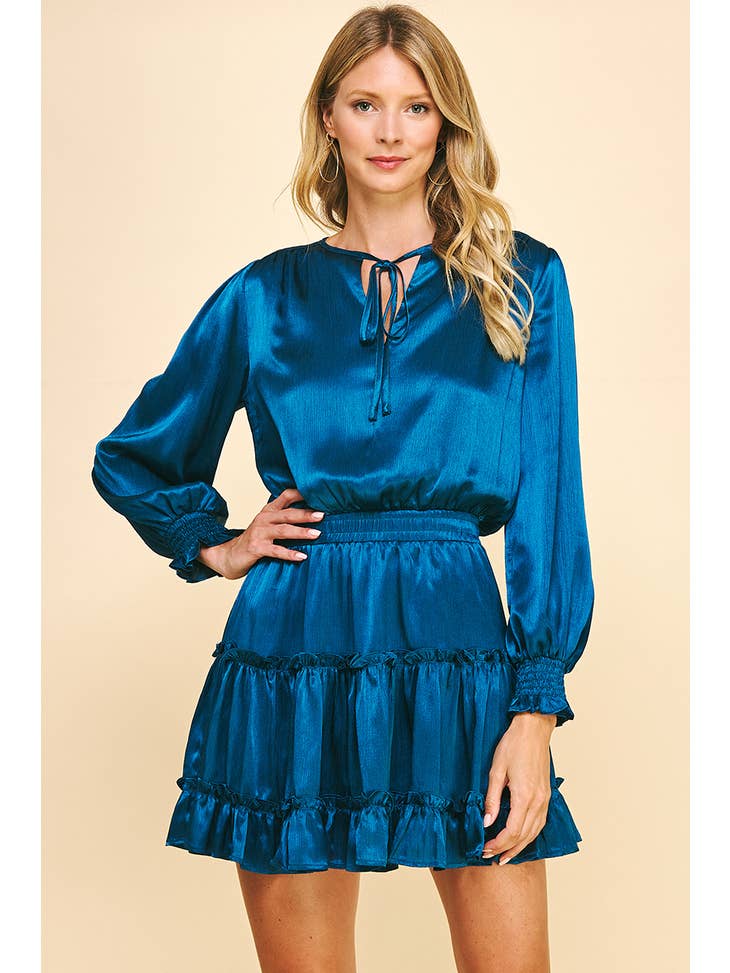 Tiered Satin Mini Holiday Dress - Teal Blue