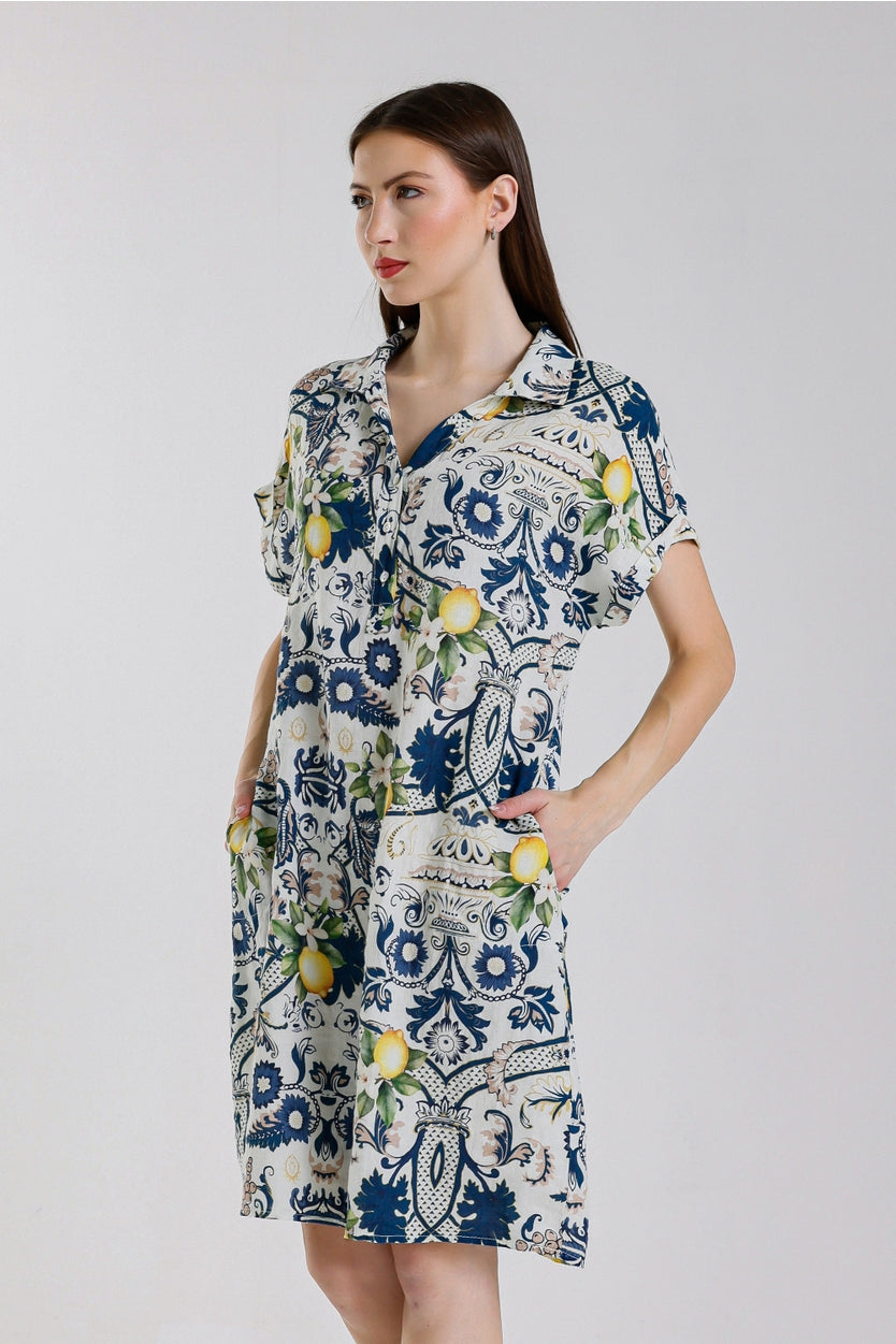 Amalfi Blanche Short Sleeve Linen Dress