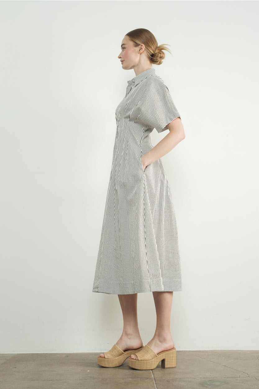 Stripe Button Front Pleated Midi Shirts Dress