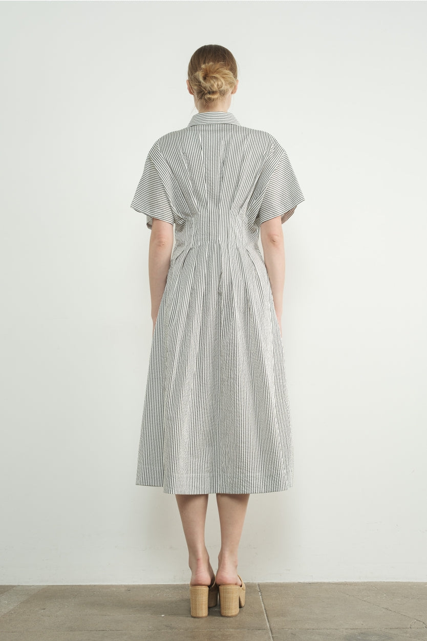 Stripe Button Front Pleated Midi Shirts Dress