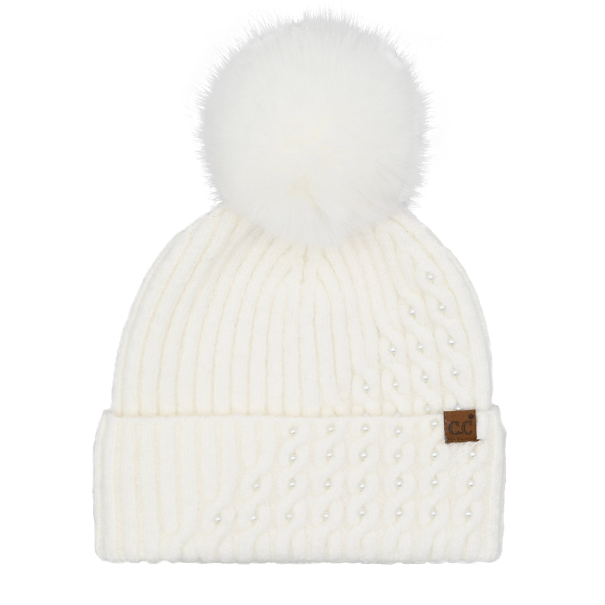 CC Beanie Pearl Embellished Cable Knit