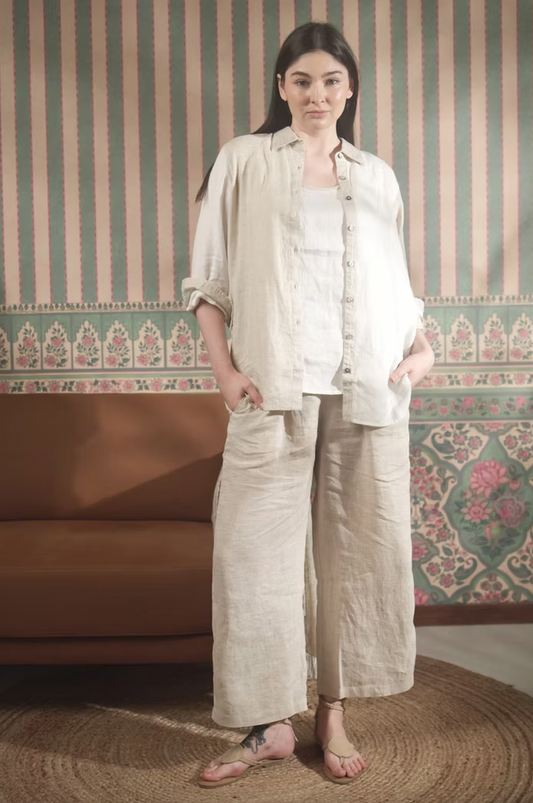 100% Linen Pleated Waist Flood Pant