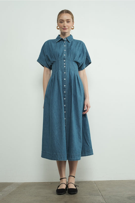 Button Front Pleated Shirts Midi Dress