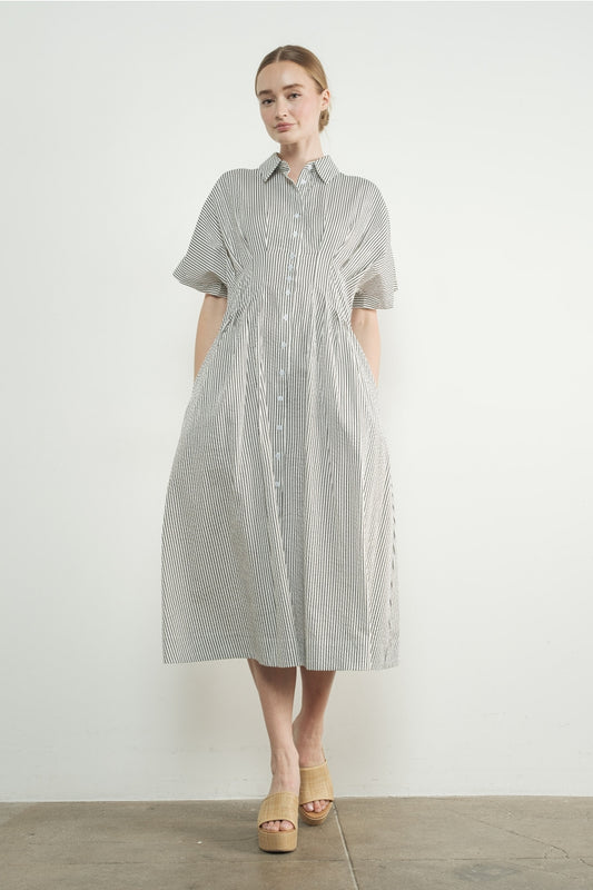 Stripe Button Front Pleated Midi Shirts Dress