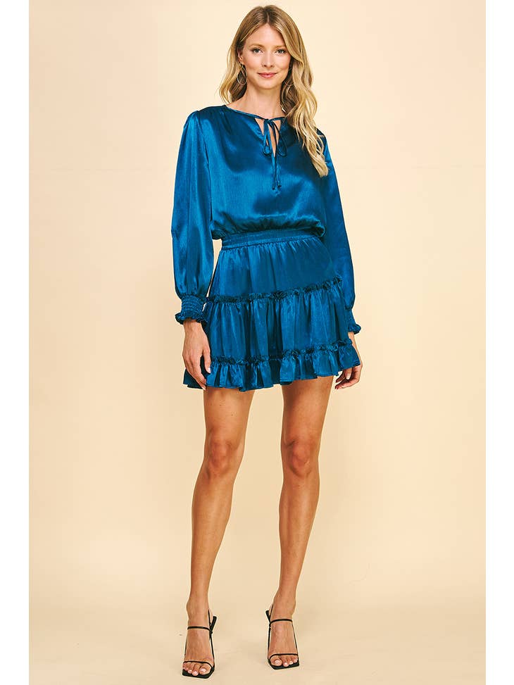 Tiered Satin Mini Holiday Dress - Teal Blue